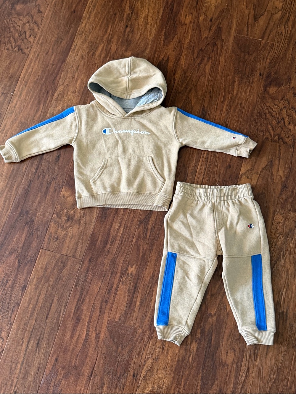 Champion Kids Beige Hoodie & Joggers with Blue Stripes